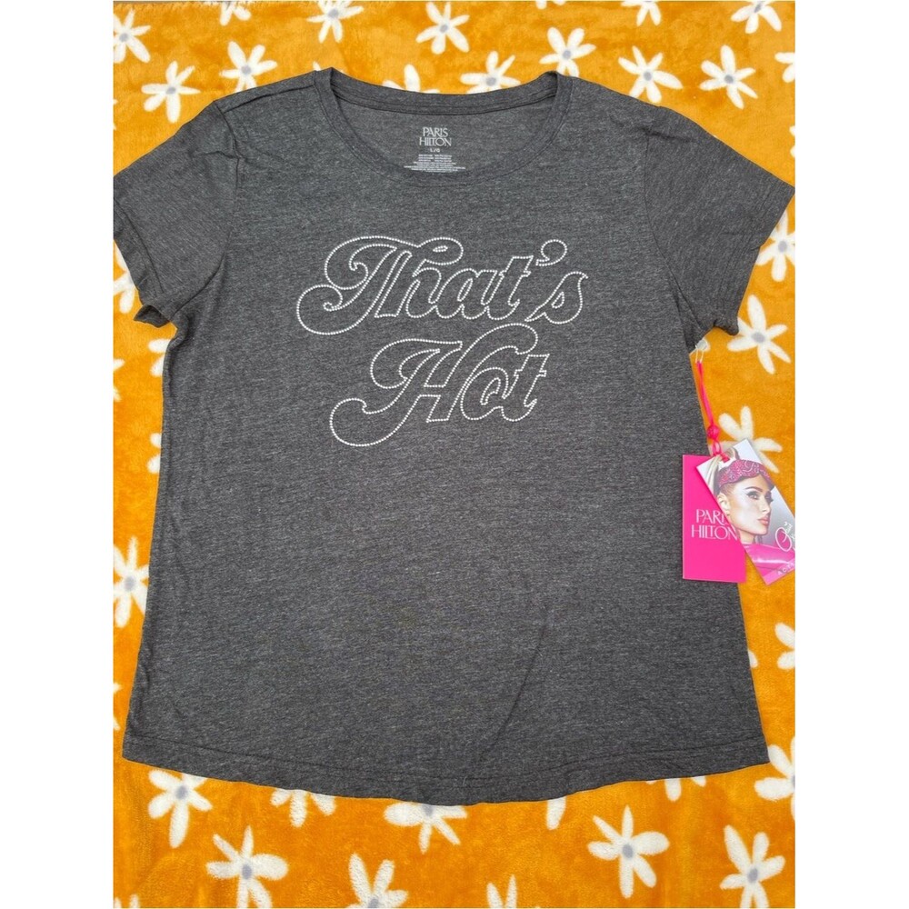 NWT $32 Paris Hilton That's Hot Comfy Rhinestone Graphic Tee Size Large Grey